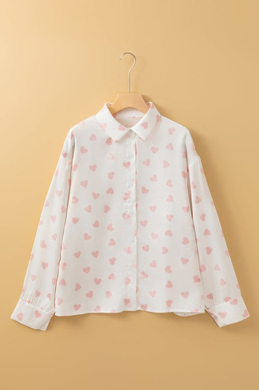 Women’s Heart Print Button-Down Collared Drop Shoulder Shirt | Zarnesh