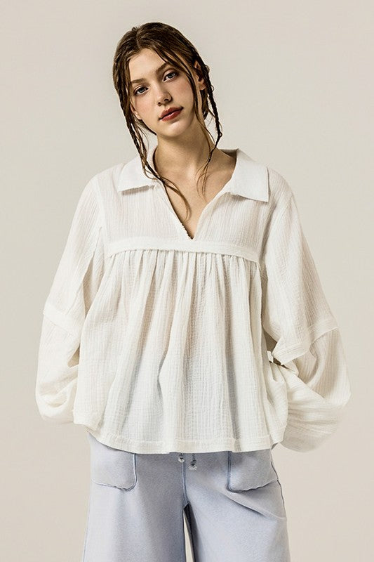 Women’s Plus V-Neck Cotton Bubble Sleeve Gauze Top | Zarnesh