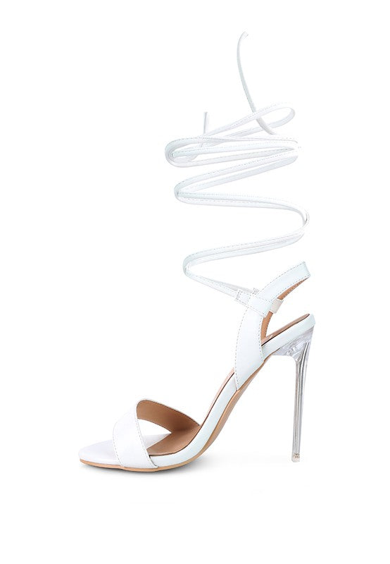 WOMEN'S SHEENY CLEAR STILETTO LACE UP SANDAL | ZARNESH