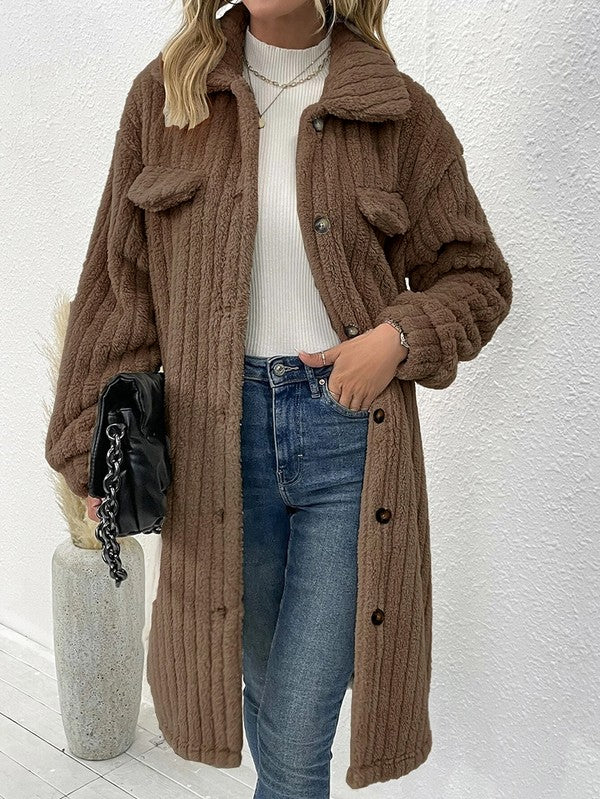 Women's Winter Collared Button Up Long Sherpa Coat | Zarnesh