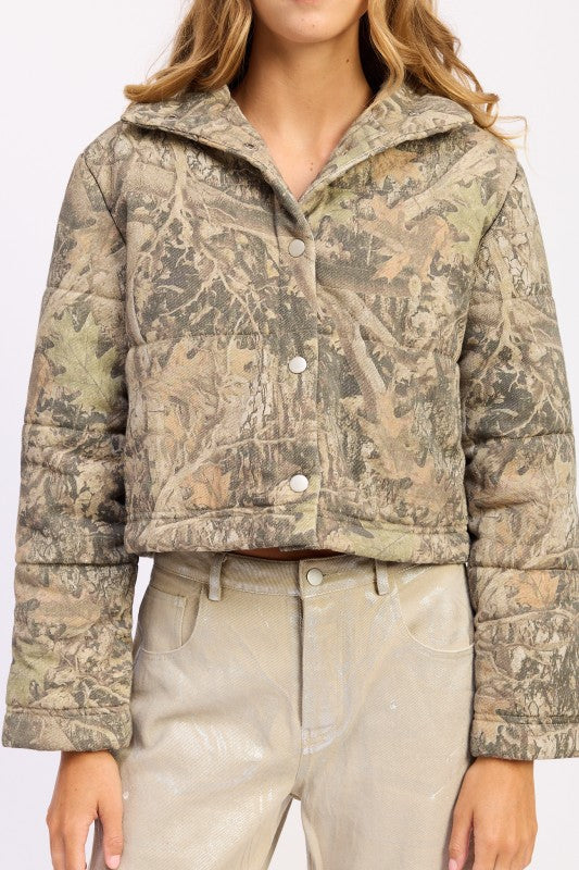 Women’s Woodland Camo Print Puffer Cropped Jacket | Zarnesh