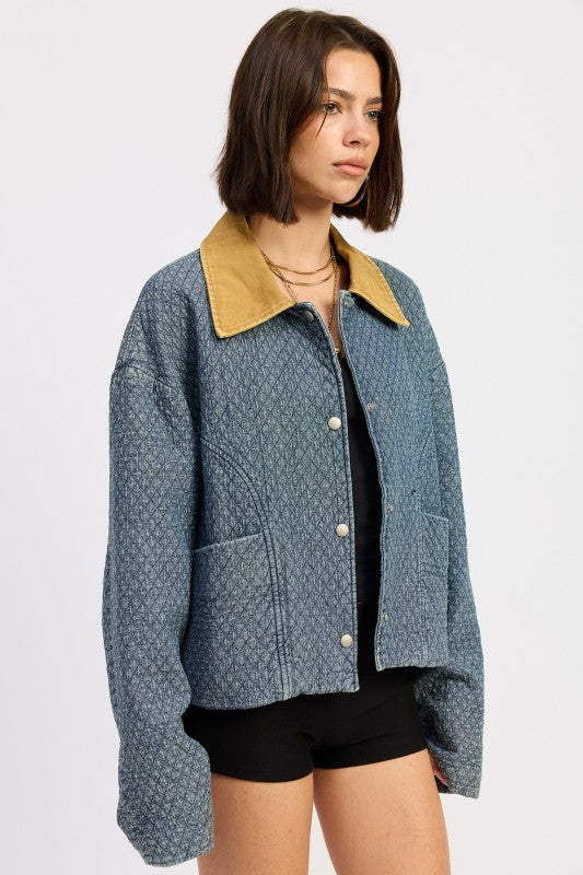 Women’s Wool Tweed Quilted Contrast Collar Snap Jacket | Zarnesh