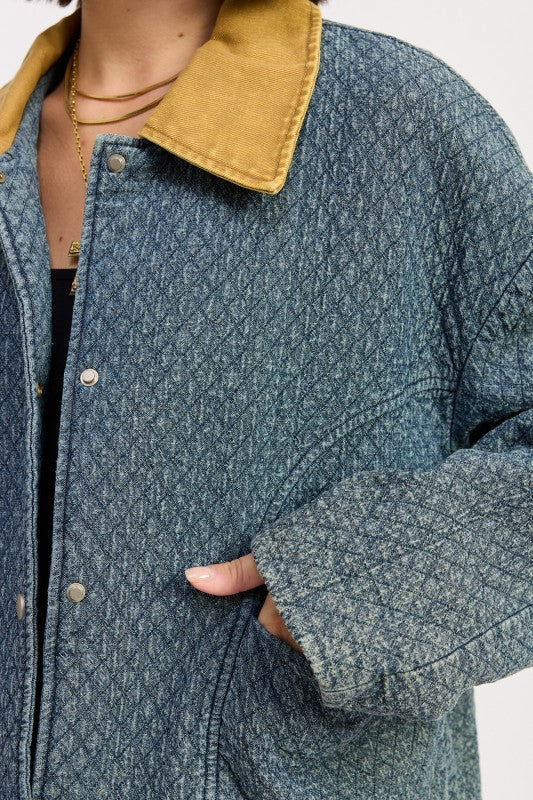 Women’s Wool Tweed Quilted Contrast Collar Snap Jacket | Zarnesh