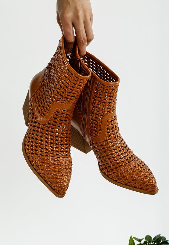 Women's Woven Pleather Block Heel Ankle Boots | Zarnesh