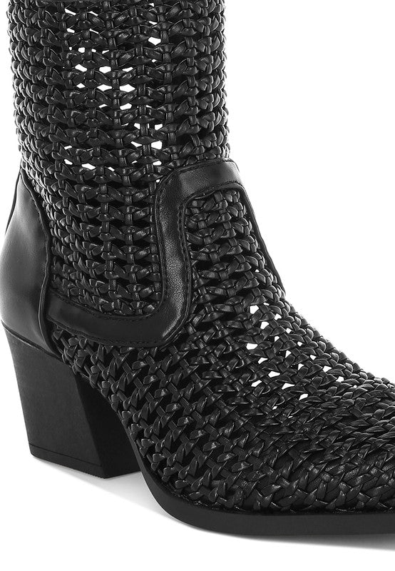 Women's Woven Pleather Block Heel Ankle Boots | Zarnesh
