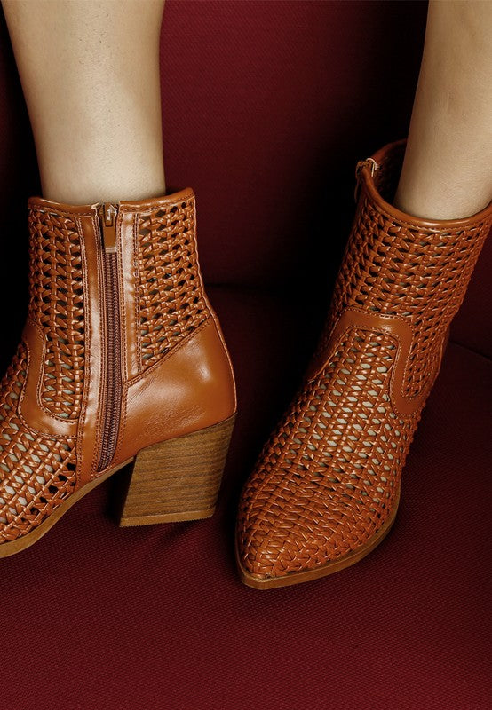 Women's Woven Pleather Block Heel Ankle Boots | Zarnesh