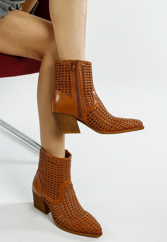 Women's Woven Pleather Block Heel Ankle Boots | Zarnesh