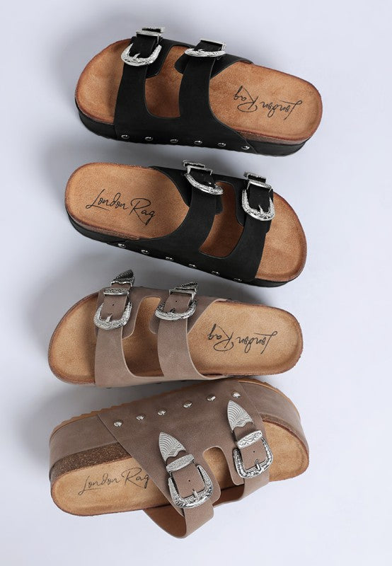 Women’s Zaphod Double Buckle Faux Leather Flatform Slip Ons | Zarnesh