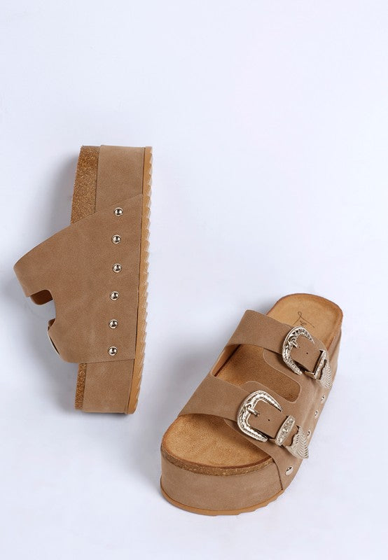 Women’s Zaphod Double Buckle Faux Leather Flatform Slip Ons | Zarnesh