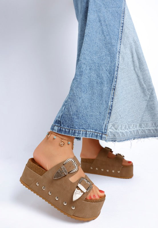 Women’s Zaphod Double Buckle Faux Leather Flatform Slip Ons | Zarnesh