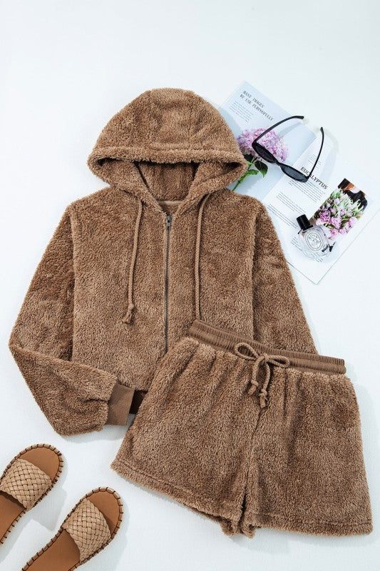Women’s Zip Up Sherpa Hoodie and Drawstring Shorts Set | Zarnesh