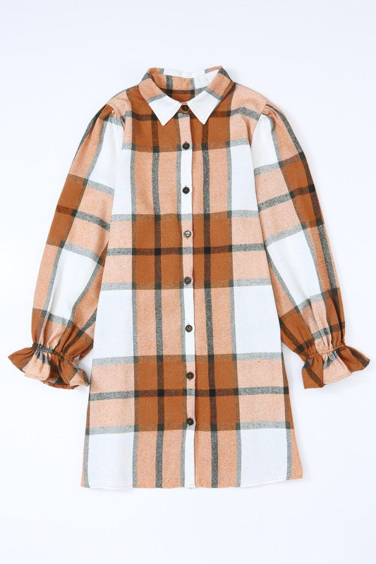 Women’s Plaid Collared Neck Ruffle Sleeve Shirt Dress | Zarnesh