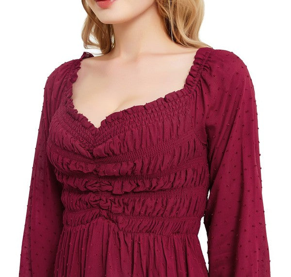 Women smocked Bodice Elastic Waist Midi Length Dress Zarnesh