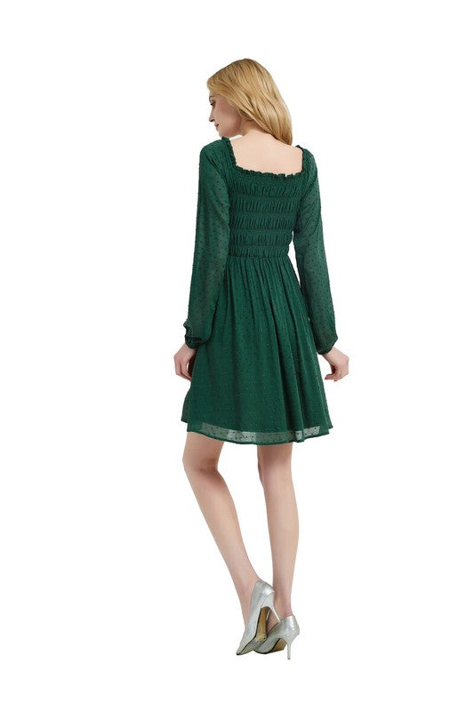Women smocked Bodice Elastic Waist Midi Length Dress Zarnesh