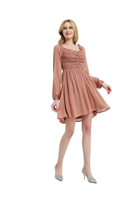 Women smocked Bodice Elastic Waist Midi Length Dress Zarnesh