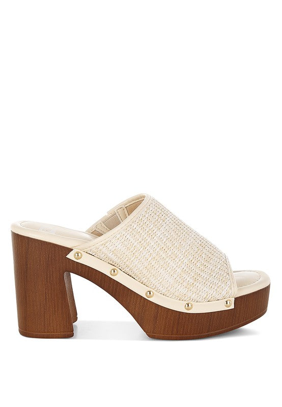 Women Marengo Raffia Wooden Clogs Flatform Block Heel | Zarnesh