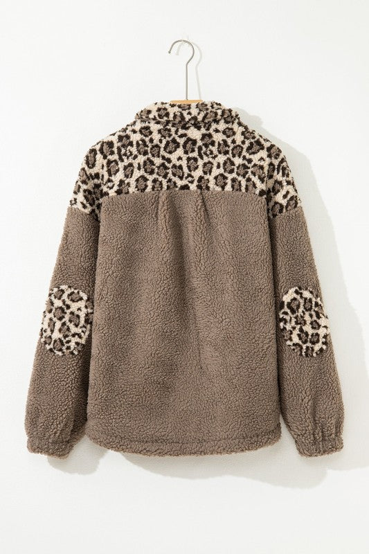 Women’s Leopard Fleece Sherpa Flap Pocket Buttoned Jacket | Zarnesh