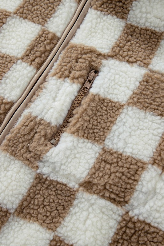 Women Checkered Sherpa Zipper Closure Collared Jacket Vest Zarnesh
