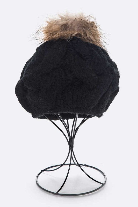 Womens Cotton Cable Knit Large Fur Pom Beanie | Zarnesh