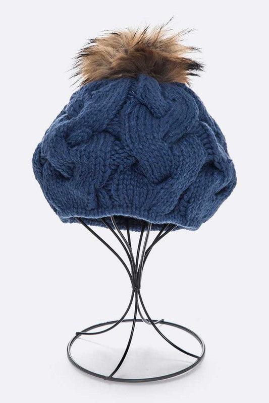 Womens Cotton Cable Knit Large Fur Pom Beanie | Zarnesh