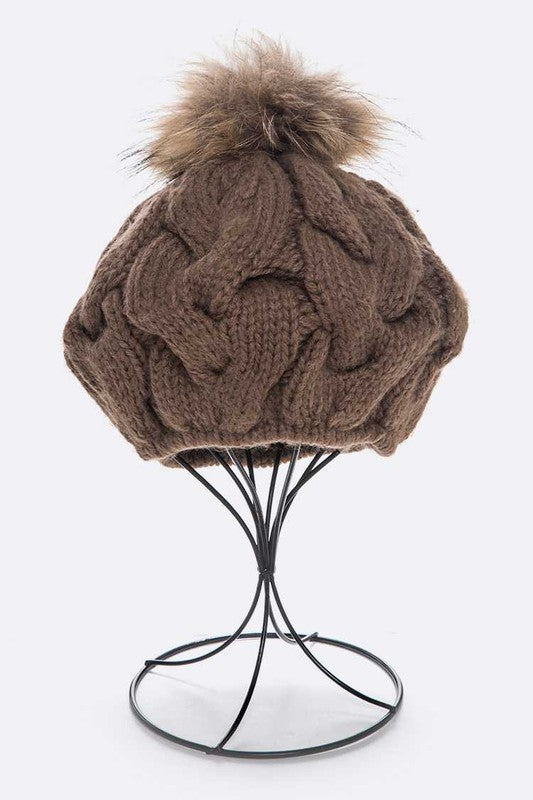 Womens Cotton Cable Knit Large Fur Pom Beanie | Zarnesh