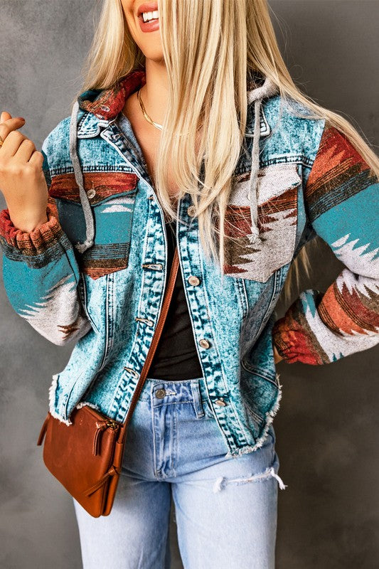 Women's Geometric Vintage Frayed Hem Denim Jacket | Zarnesh