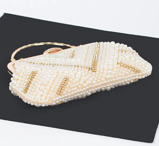 Women Pearl Rhinestone Beaded Top Handle Clutch Bag Zarnesh
