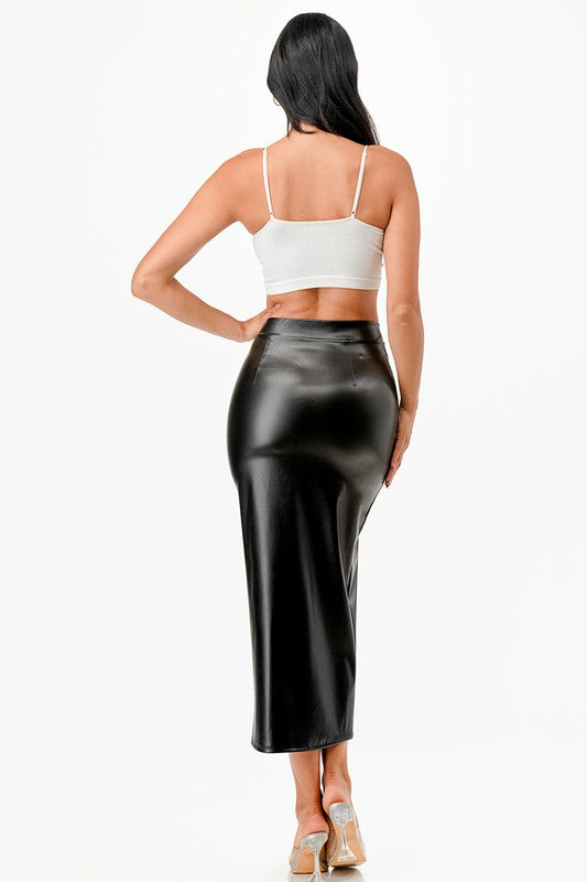 Women High Waisted Open Slit Full Cut PU Leather Pencil Skirt Zarnesh