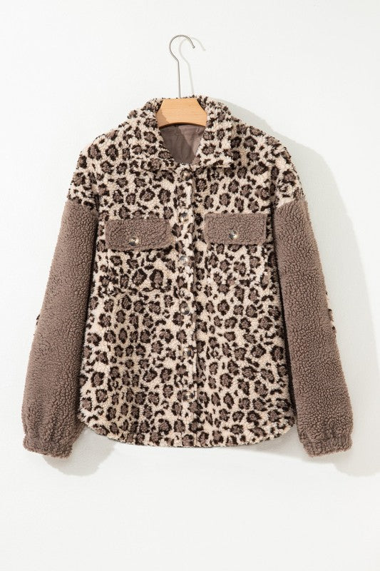 Women’s Leopard Fleece Sherpa Flap Pocket Buttoned Jacket | Zarnesh