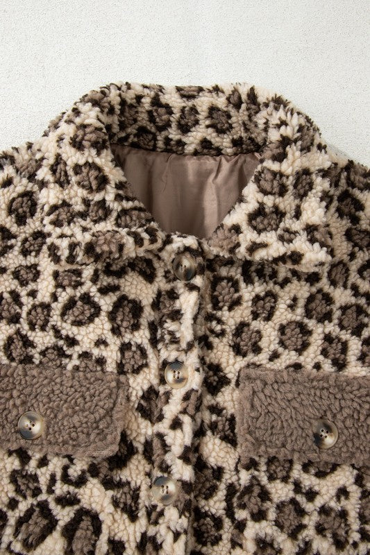 Women’s Leopard Fleece Sherpa Flap Pocket Buttoned Jacket | Zarnesh