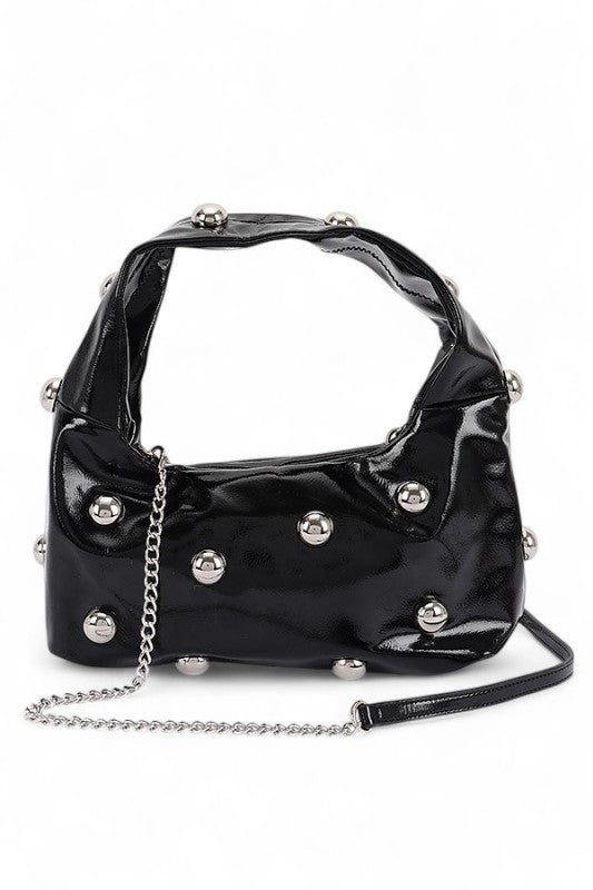 Womens Metal Studded Top Hangle Patent Faux Leather Bag Zarnesh
