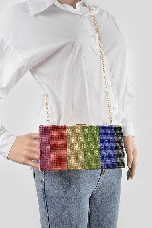 Womens Rainbow Color Shoulder Chain Rhinestone Pave Box Clutch Zarnesh