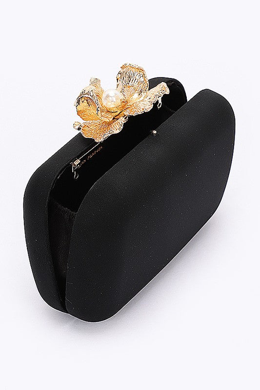 Women Pearl Flower Clasp Satin Box Secure Closure Clutch Bag Zarnesh