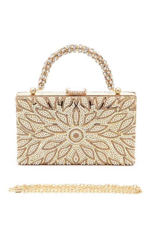 Womens Pearl Studs Rhinestone Handle Flower Box Clutch| Zarnesh 