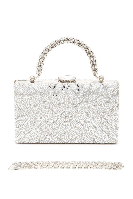 Womens Pearl Studs Rhinestone Handle Flower Box Clutch| Zarnesh 