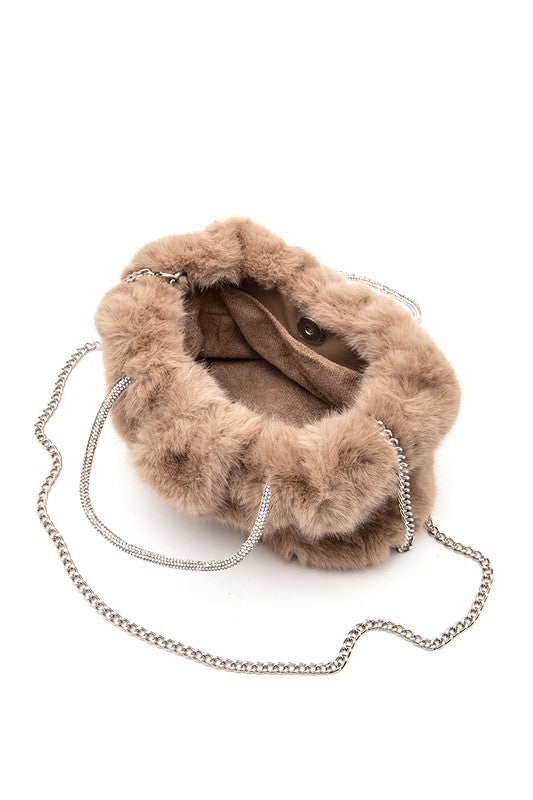 Womens Rhinestone Faux Fur Winter Top Handle Tote Bag | Zarnesh