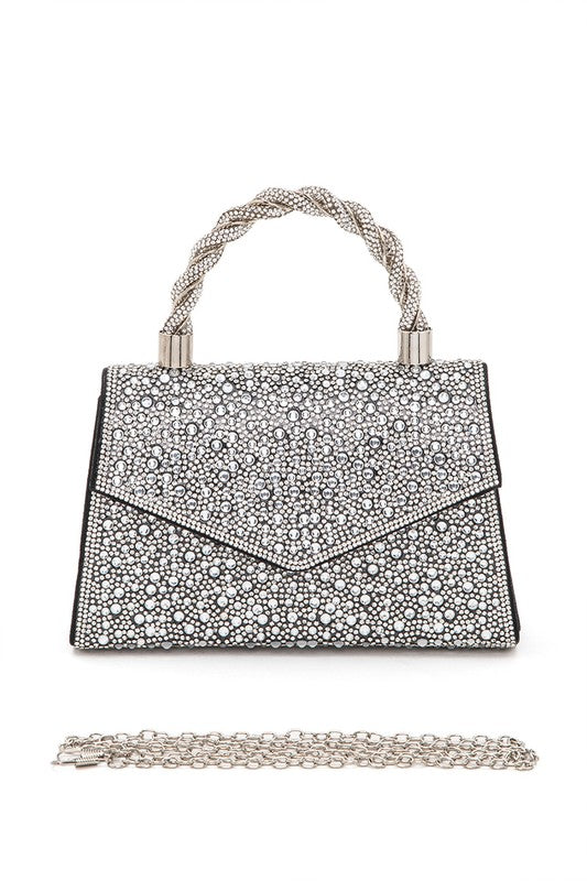 Womens Statement Rhinestone Top Handle Clutch Bag