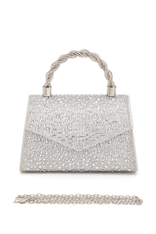 Womens Statement Rhinestone Top Handle Clutch Bag