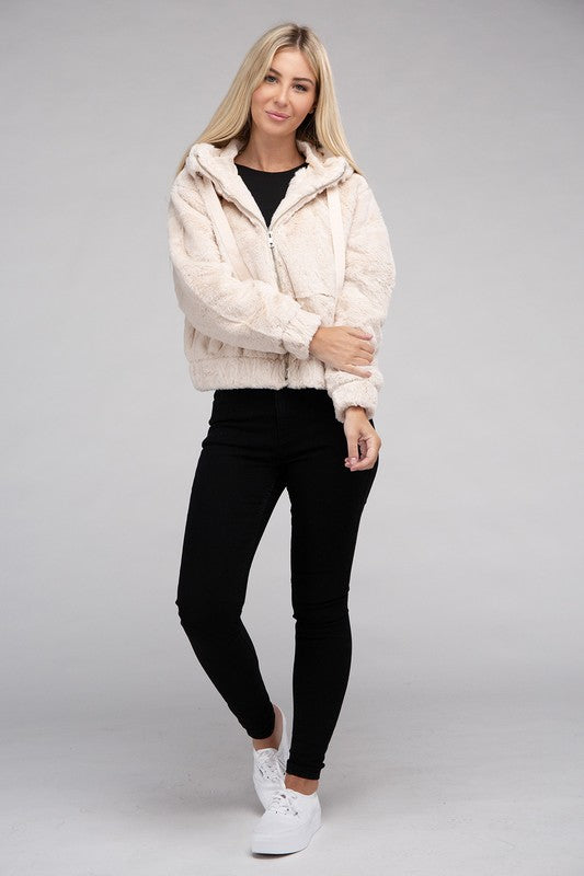 Women Fluffy Texture Zip-Up Teddy Hoodie Sweater | Zarnesh