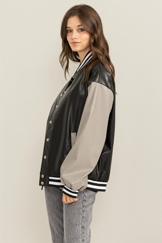 Women Game On PU Colorblock Baseball Jacket | Zarnesh