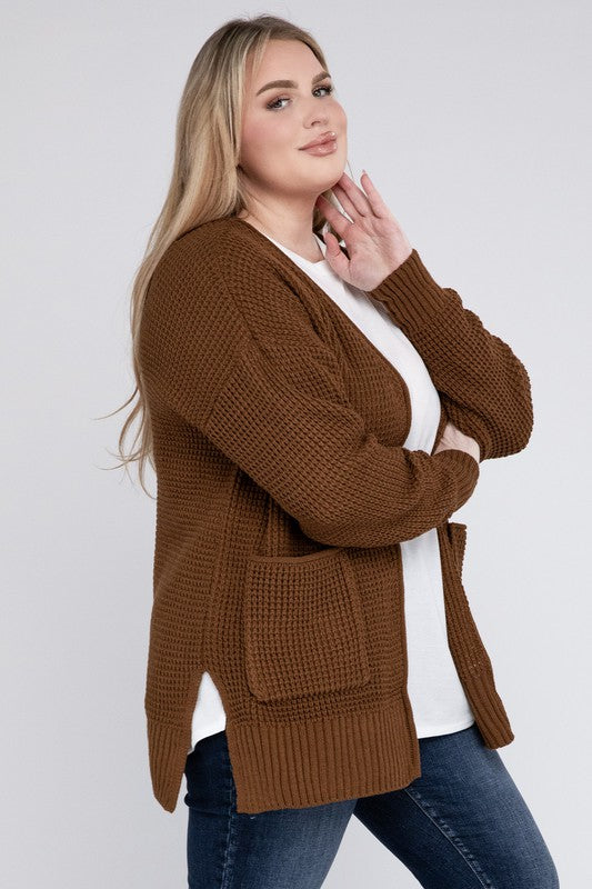 Women Plus Low Gauge Waffle Open Cardigan Sweater | Zarnesh