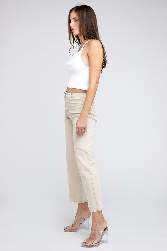 WOMEN'S Acid Wash Frayed Cutoff Hem Straight Wide Pants | ZARNESH