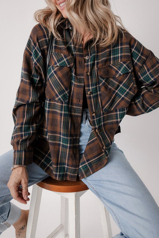 Women Plaid Print Pockets Buttoned Shirt Jacket | Zarnesh