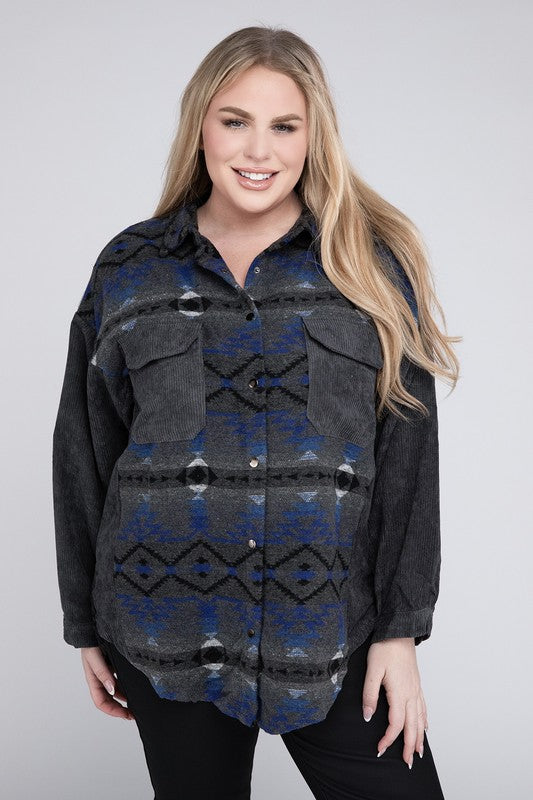 Women Plus Printed Button Down Long Sleeve Jacket | Zarnesh