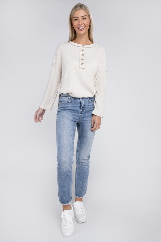 Women Ribbed Brushed Melange Hacci Henley Sweater | Zarnesh