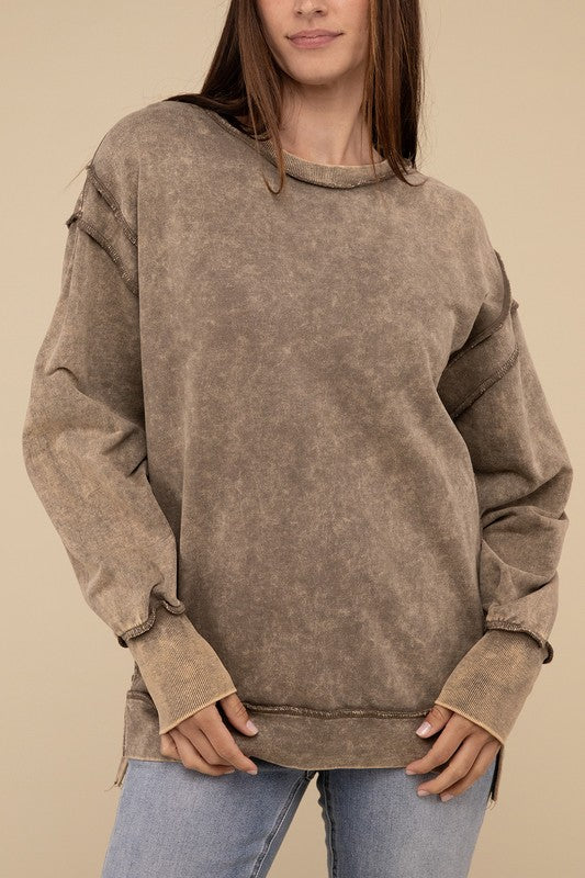 Women Acid Wash French Terry Exposed-Seam Sweatshirt | Zarnesh