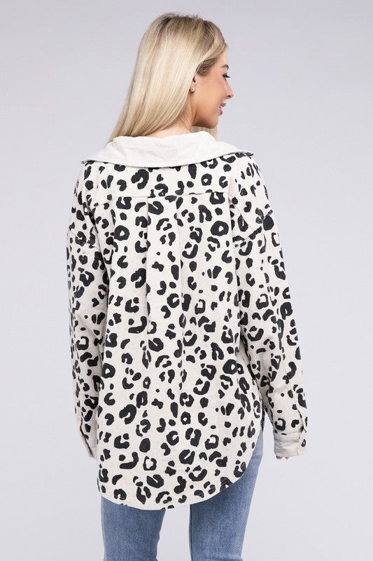 Women Vintage Washed Leopard Corduroy Buttoned Jacket | Zarnesh