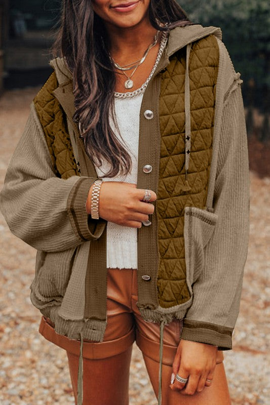 Women Textured Patchwork Loose Fit Hooded Jacket | Zarnesh