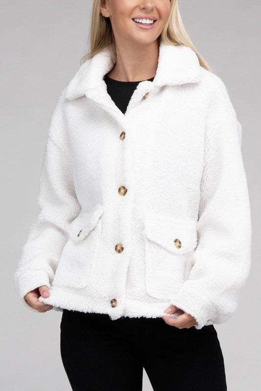 Women Cozy Long Sleeve Sherpa Button-Front Jacket | Zarnesh