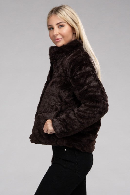 Women Fluffy Zip-Up Functional Pockets Sweater Jacket | Zarnesh